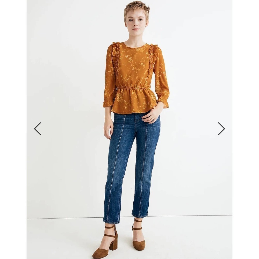 Madewell Woman’s Formal Ruffle-Shoulder Peplum Top in Tonal Botanical XXS